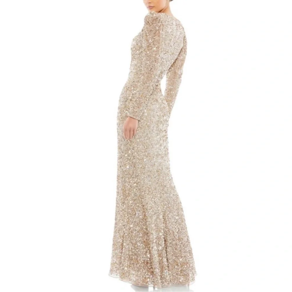 Mac Duggal Shimmering Gold Sequined Puff Shoulder Surplice Evening Gown -Reemoly - Picture 2 of 16